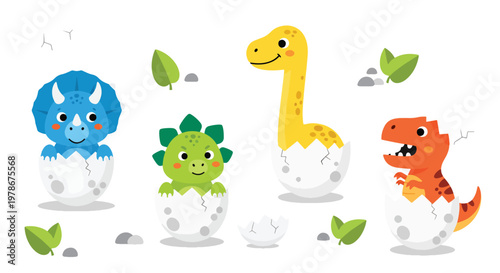 Flat style vector illustration of baby dinosaurs hatching from eggs with adorable expressions and pastel colors, ideal for nursery decor, children products and playful design themes