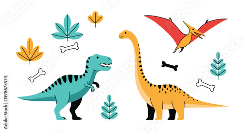 Flat style vector illustration of colorful dinosaur characters including t rex, stegosaurus and pterodactyl in playful poses, perfect for kids branding, education and creative design use