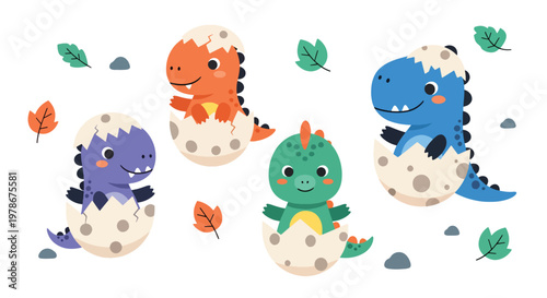 Flat style vector illustration of baby dinosaurs hatching from eggs with adorable expressions and pastel colors, ideal for nursery decor, children products and playful design themes
