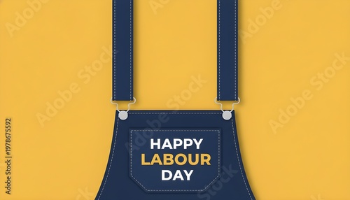 Happy Labour Day Greeting Card Minimalist Design with Blue Overalls on Yellow Background