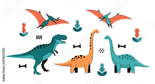 Flat style vector illustration of colorful dinosaur characters including t rex, stegosaurus and pterodactyl in playful poses, perfect for kids branding, education and creative design use