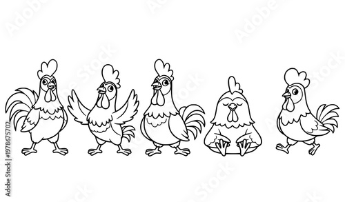 Cartoon Rooster and Chickens Vector Illustration Set for Designers