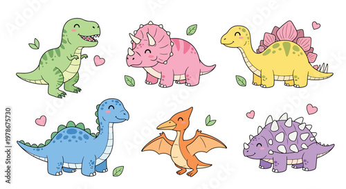 Flat style vector illustration of kawaii dinosaur set with big eyes and smiling faces in soft pastel tones, ideal for nursery prints, kids apparel and playful branding projects