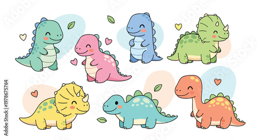Flat style vector illustration of kawaii dinosaur set with big eyes and smiling faces in soft pastel tones, ideal for nursery prints, kids apparel and playful branding projects