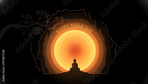 Happy Vesak Day Greeting with Buddha Silhouette in Meditation Scene