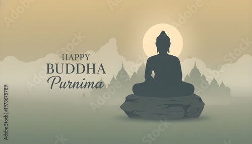 Happy Buddha Purnima Greeting Card With Silhouette of Buddha Meditating