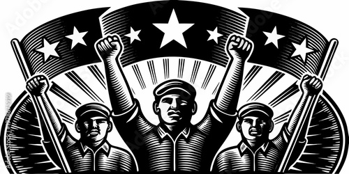 A group of people raising their fists under a star filled banner