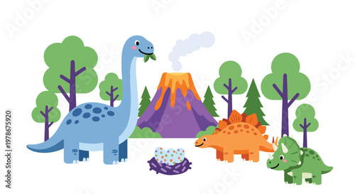 Flat style vector illustration of cute dinosaurs in prehistoric scene with volcano, plants and eggs, designed in playful cartoon style, ideal for kids education and storytelling visuals
