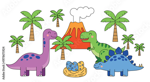 Flat style vector illustration of cute dinosaurs in prehistoric scene with volcano, plants and eggs, designed in playful cartoon style, ideal for kids education and storytelling visuals