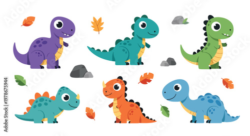 Flat style vector illustration of kids dinosaur collection with colorful characters, leaves and stones, designed in simple cartoon style for nursery, education and children branding