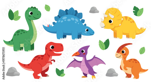 Flat style vector illustration of kids dinosaur collection with colorful characters, leaves and stones, designed in simple cartoon style for nursery, education and children branding