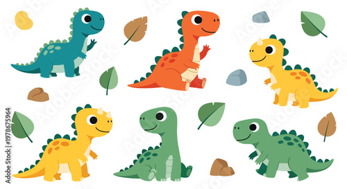 Flat style vector illustration of kids dinosaur collection with colorful characters, leaves and stones, designed in simple cartoon style for nursery, education and children branding