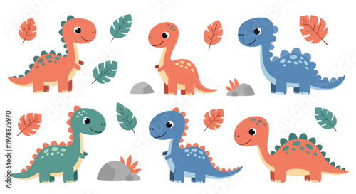 Flat style vector illustration of kids dinosaur collection with colorful characters, leaves and stones, designed in simple cartoon style for nursery, education and children branding