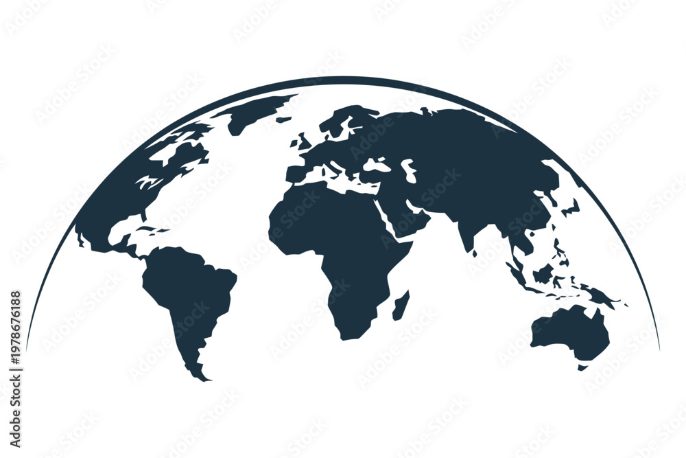 Fototapeta premium Curved world map silhouette, half globe of blue planet Earth showing Africa Asia and America, global business geography concept vector illustration for worldwide international communication, logistics