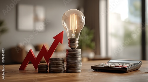 Rising electricity costs concept with glowing light bulb, stacked coins, calculator, and red growth arrow in warm brown and metallic tones