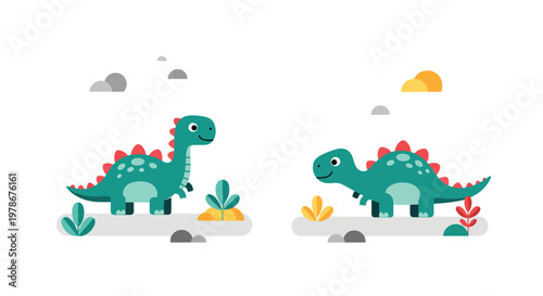 Flat style vector illustration of minimal dinosaur set with simple plants and stones, designed in soft colors and clean shapes for modern kids design and nursery themes
