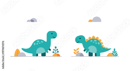Flat style vector illustration of minimal dinosaur set with simple plants and stones, designed in soft colors and clean shapes for modern kids design and nursery themes