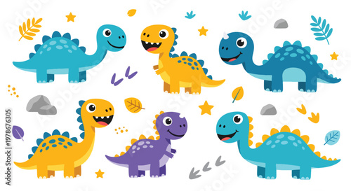 Flat style vector illustration of cute dinosaurs with big eyes and smiling faces in playful colors, ideal for kids branding, education materials and fun design projects