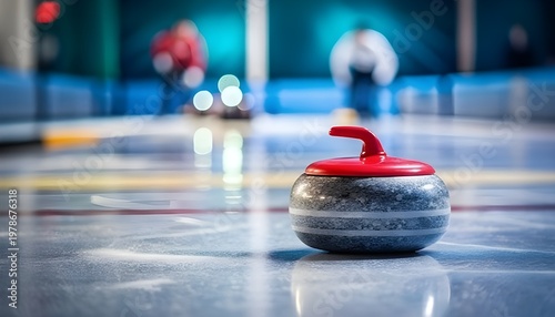 Curling stone on ice with players in the background during a sport game
