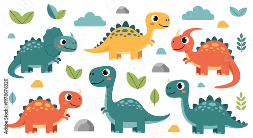 Flat style vector illustration of cute dinosaurs with big eyes and smiling faces in playful colors, ideal for kids branding, education materials and fun design projects