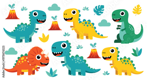 Flat style vector illustration of cute dinosaurs with big eyes and smiling faces in playful colors, ideal for kids branding, education materials and fun design projects