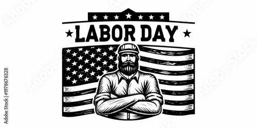 Vintage labor day graphic featuring a worker and american flag design