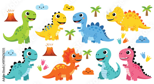 Flat style vector illustration of cute dinosaurs with big eyes and smiling faces in playful colors, ideal for kids branding, education materials and fun design projects