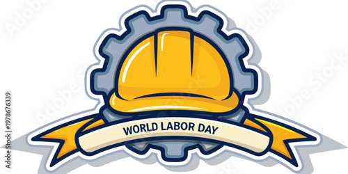 Yellow construction helmet with gears and a labor day ribbon banner