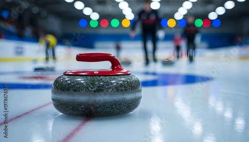 Close up of curling stone on ice with shallow depth of field and blurred background sports