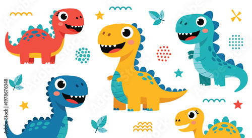 Flat style vector illustration of cute dinosaurs with big eyes and smiling faces in playful colors, ideal for kids branding, education materials and fun design projects