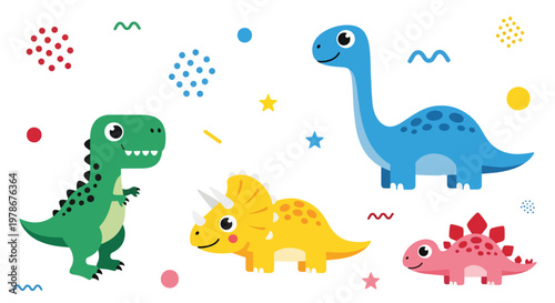Flat style vector illustration of cute dinosaurs with big eyes and smiling faces in playful colors, ideal for kids branding, education materials and fun design projects
