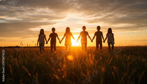 Children holding hands in a field during a beautiful sunset, symbolizing unity and friendship