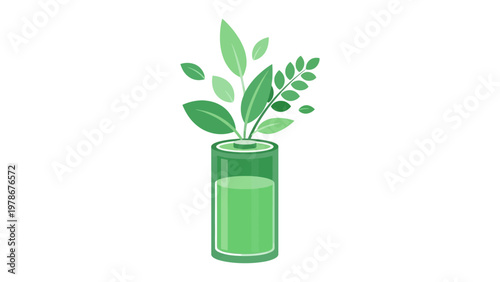 Green battery with leaves growing out of the top representing renewable energy and sustainability vector illustration