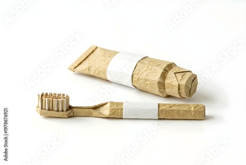 Eco-Friendly Dental Care: An artistic still-life captures the essence of sustainable oral hygiene, featuring meticulously crafted paper-based toothbrush and toothpaste tube.