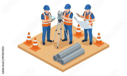 Construction Surveyors Using Total Station on a Building Site