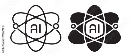 artificial intelligence atom line icons set, orbital structure with ai core, science technology vector outline collection on transparent background