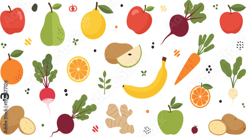 Fresh Fruits and Vegetables Collection with Apple, Banana, Citrus, Beetroot, Carrot, and Ginger Colorful Vector Illustration for Healthy Food and Nutrition Design.