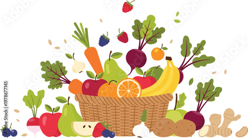 Fresh Fruits and Vegetables Basket with Organic Produce, Berries, Citrus, and Roots Colorful Vector Illustration for Healthy Food, Grocery, and Farm Market Design.