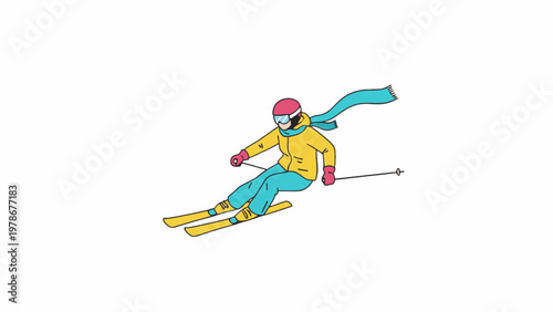 Skier Downhill Action Illustration Isolated on White