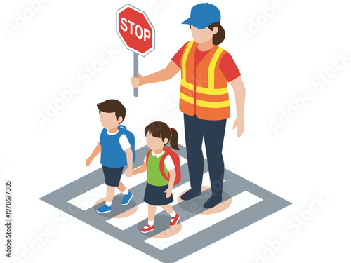 Crossing guard with stop sign helping school children at crosswalk