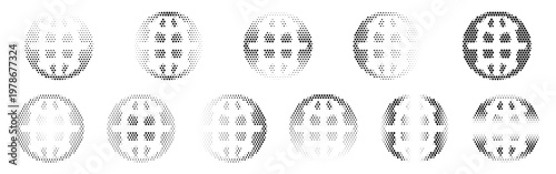 Globe Halftone Icon Collection – Globe Dotted Circles Halftones Geometric Dots Gradient – Dot Spray Gradient Vector Set – Globe Illustration Halftone Gradient