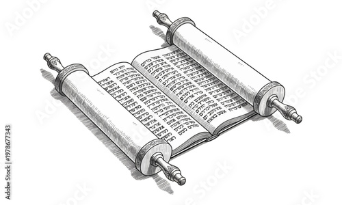 Hand-drawn engraving style illustration of an open Hebrew Torah scroll