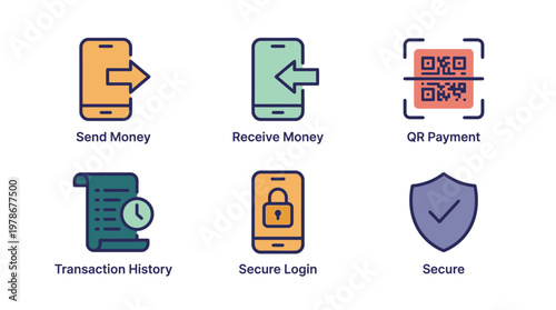 Vector icons illustrating a comprehensive suite of secure digital payment services, mobile banking features, and online financial transaction management