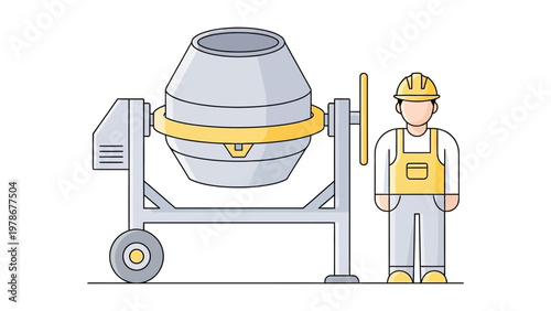 Construction worker standing next to a concrete mixer machine vector illustration for building and industrial labor concepts