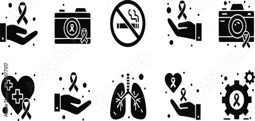 Lung Cancer Awareness Icon Set Featuring Ribbon Symbols, No Smoking Sign, Healthy Lungs, Medical Care, and Support Hand Vector Illustrations