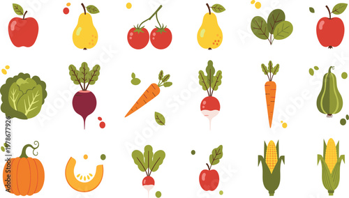 Fresh Fruits and Vegetables Vector Set with Apple, Pear, Carrot, Corn, Pumpkin, and Beetroot, Healthy Organic Food Illustration Collection for Market, Nutrition, and Design Projects.