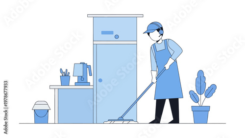Professional cleaner mopping the floor in a modern kitchen flat design vector illustration for housekeeping services