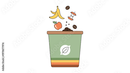 Organic food waste falling into a green compost bin vector illustration for sustainable recycling and eco-friendly living
