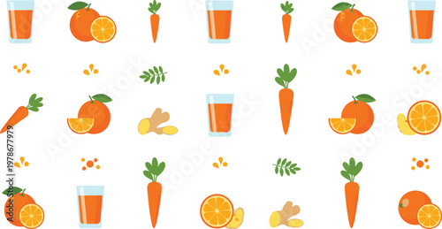 Fresh Orange Juice and Carrot Pattern with Citrus Fruits, Ginger, and Healthy Drink Elements Seamless Vector Illustration for Nutrition and Beverage Design.