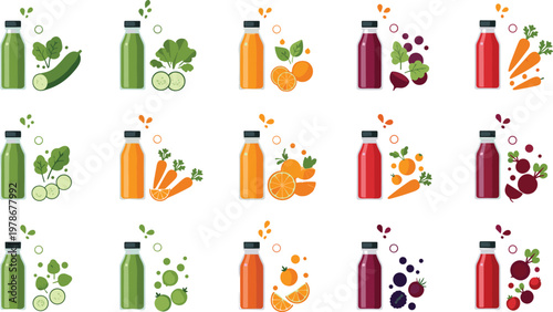 Fresh Juice Bottle Vector Set with Fruits and Vegetables Ingredients, Healthy Smoothie and Detox Drink Illustration Collection for Nutrition, Wellness, and Organic Lifestyle Design.